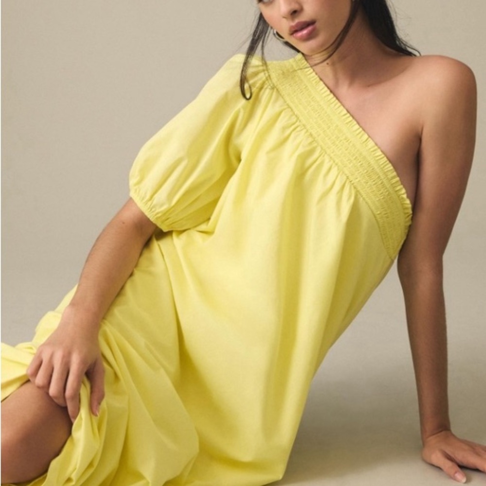 Maeve Anthropologie lemon yellow one shoulder maxi dress with pockets.